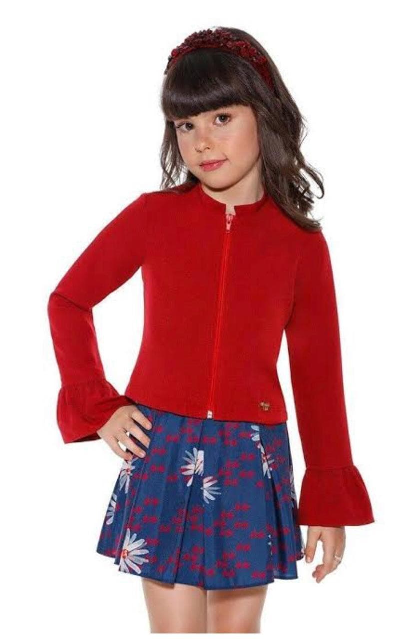 Conjunto de Saia e Blusa Infantil Diforini – Blusa Vermelha e Saia Azul Floral