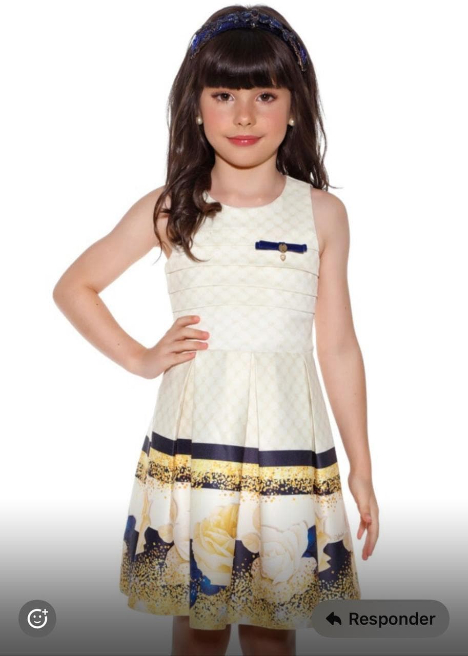 Vestido de Festa Infantil Diforini Luxo | Floral Amarelo e Azul Marinho 011593
